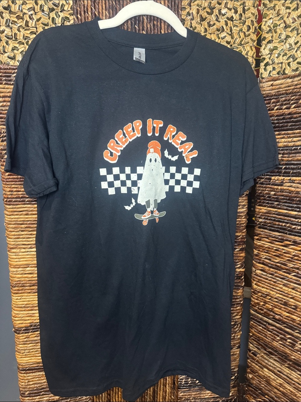 Gildan Black Short Sleeve Tee with Orange & White Skate Ghost Graphic